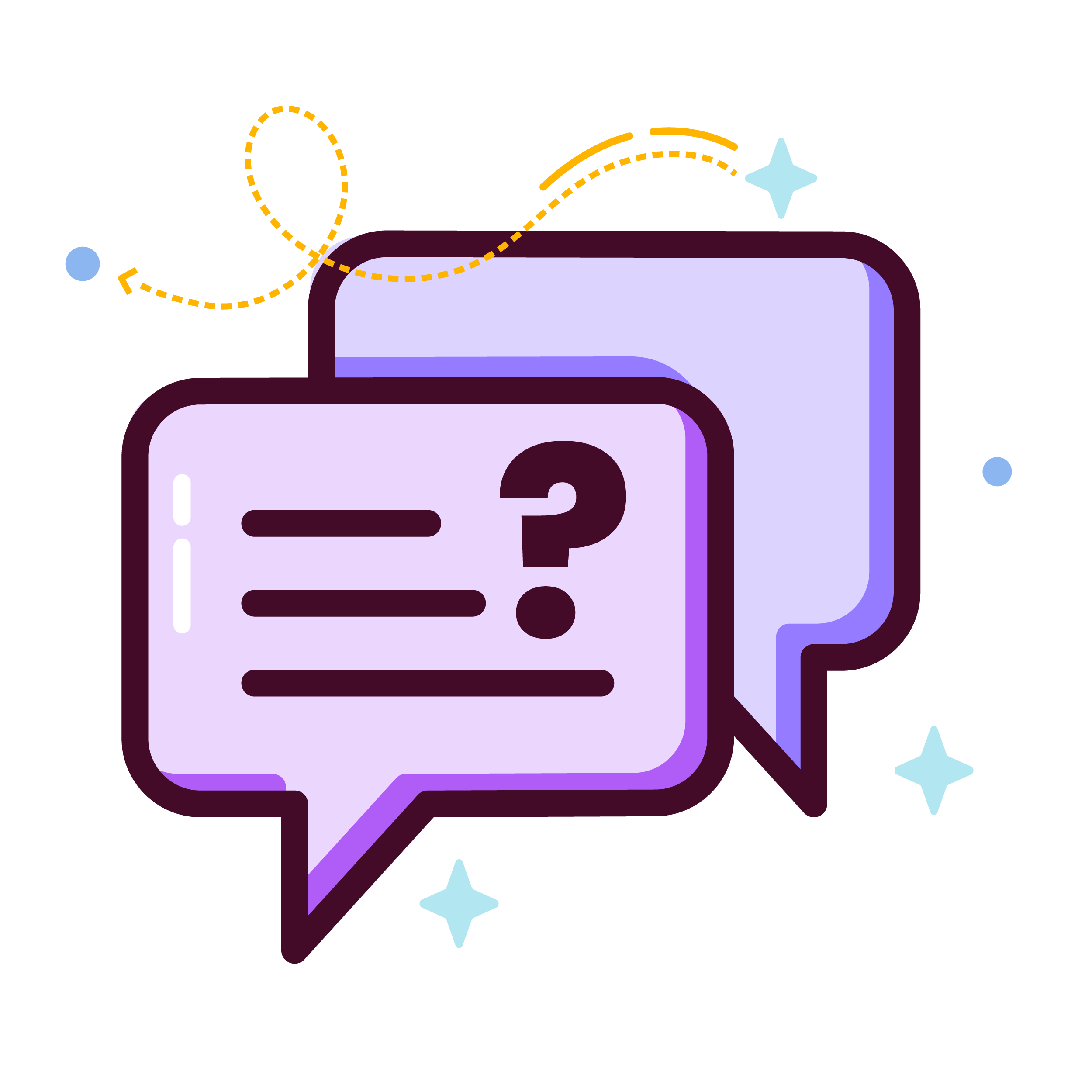2 purple stylized callout bubbles with lines of text and a question mark