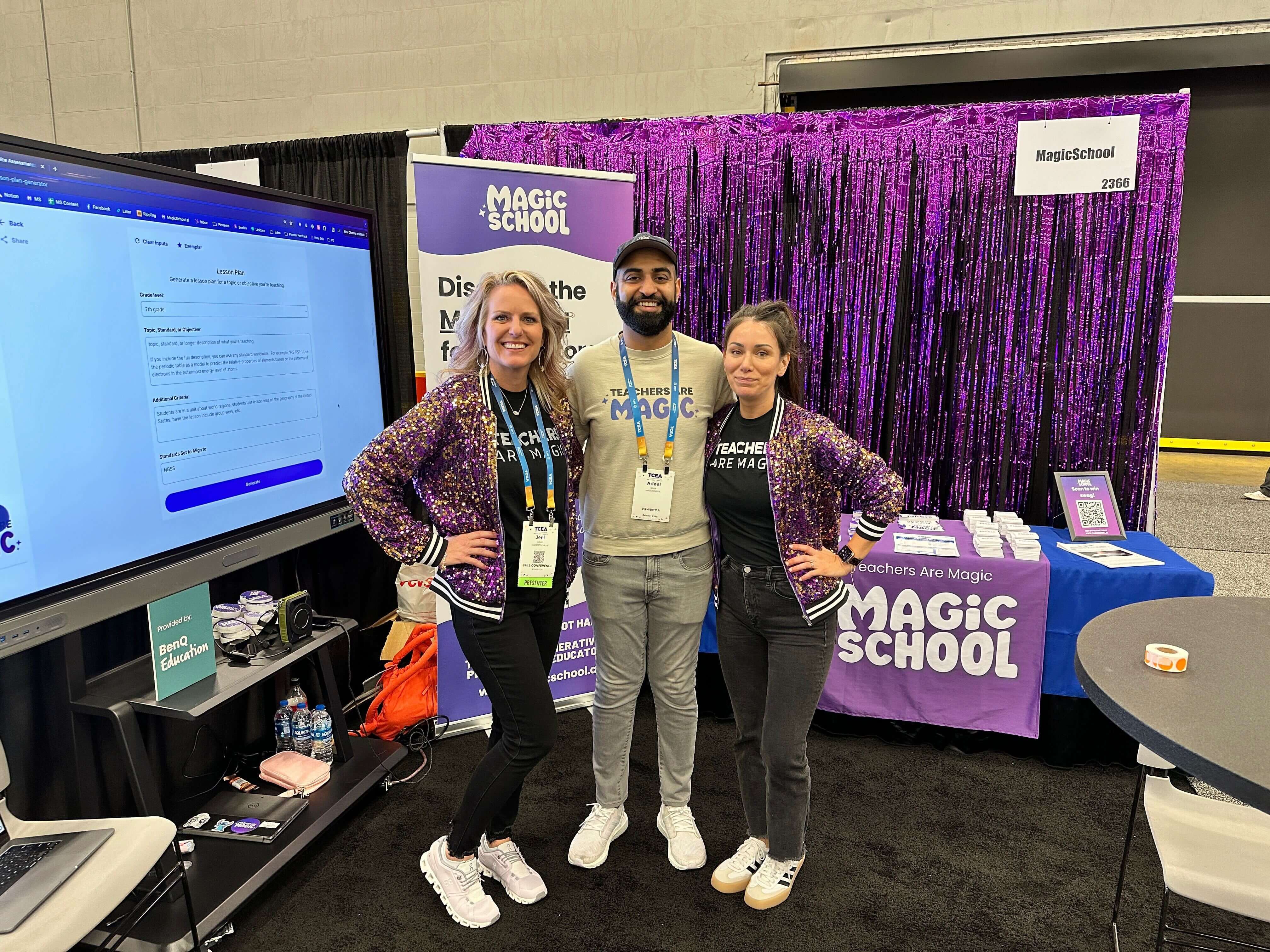 MagicSchool CEO, Adeel Khan, with 2 employees at a trade show