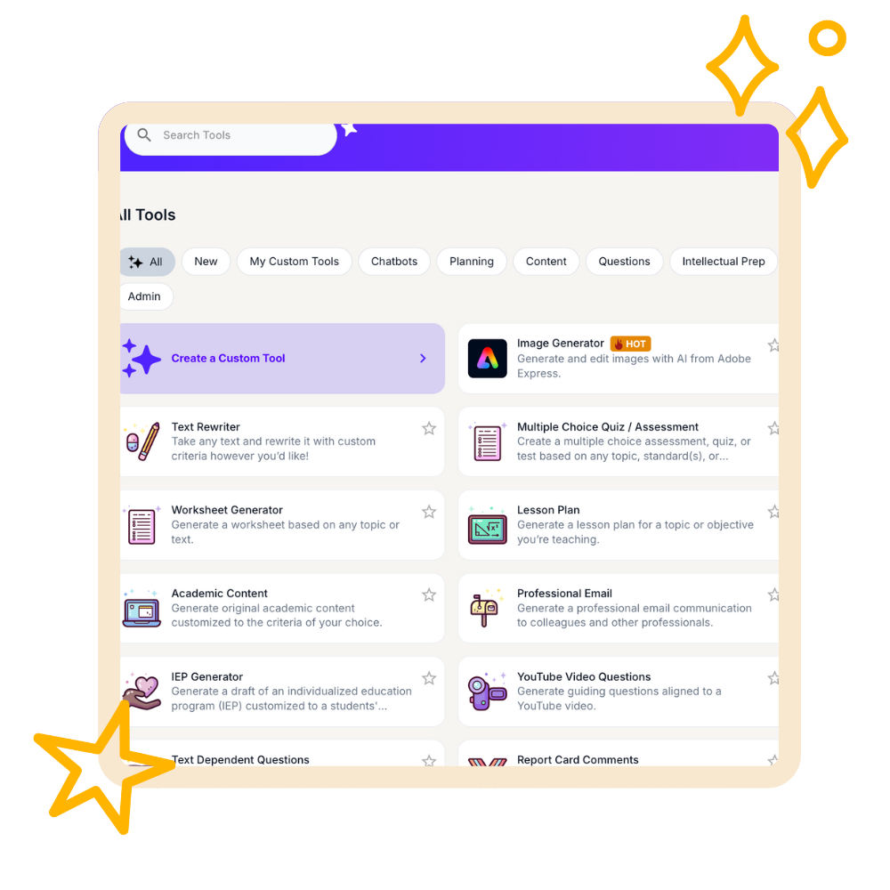 Screenshot of a MagicSchool tools dashboard