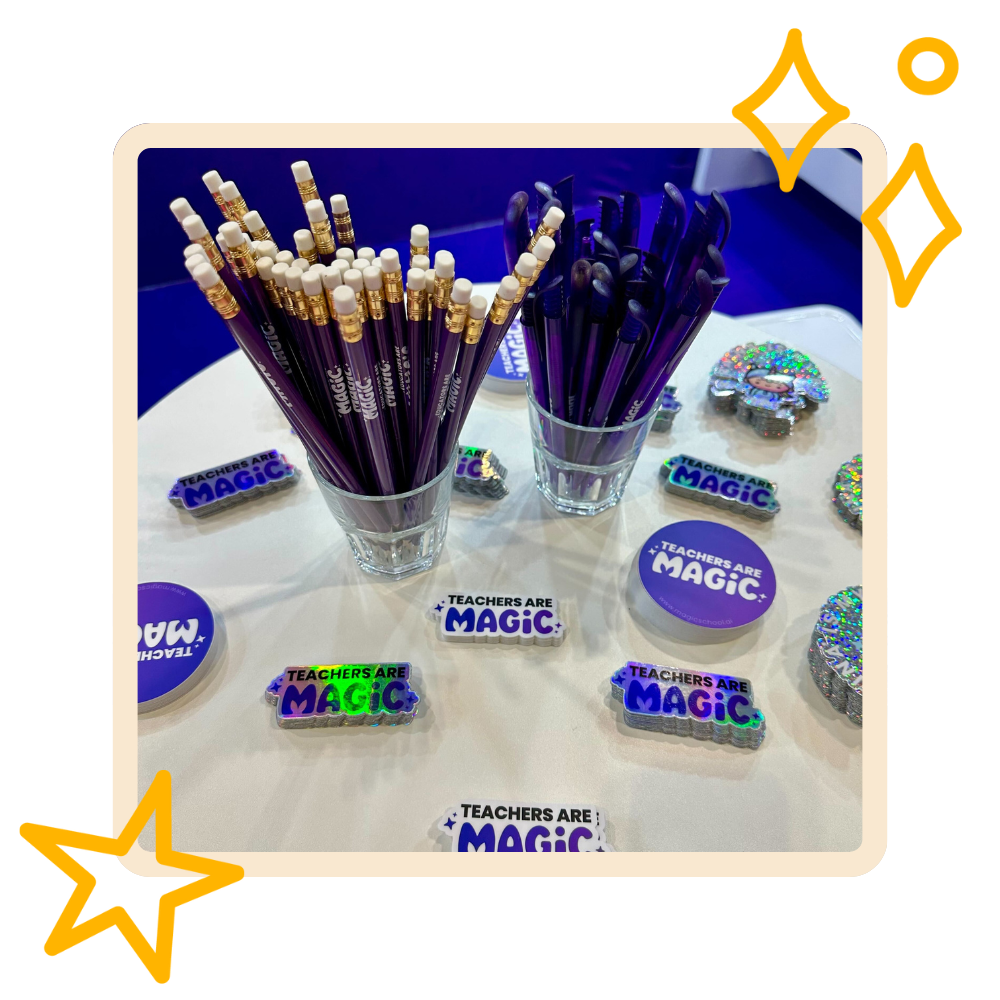 MagicSchool swag on a table: stickers and pencils