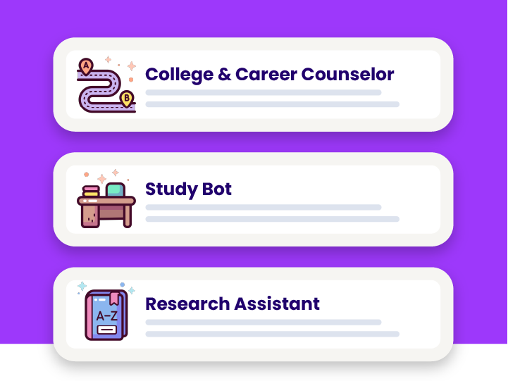 Stylized snipped of MagicSchool tools: College & Career Counselor tool,  Study Bot tool, Research Assistant tool