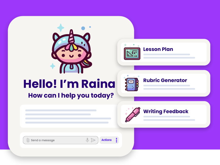 Stylized version of the Raina chatbot tool, Lesson Plan tool, Rubric Generator tool, and Writing Feedback tool