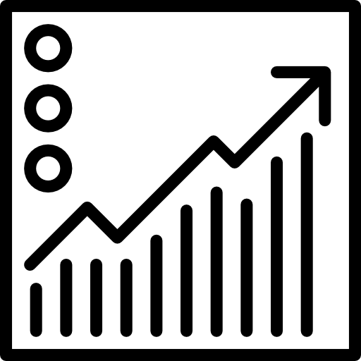 black icon of a line chart with an arrow showing an upward trend
